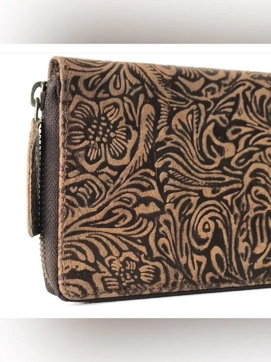 Embossed Floral Leather Zip Wallet - Brown and Black - Picture 7 of 7